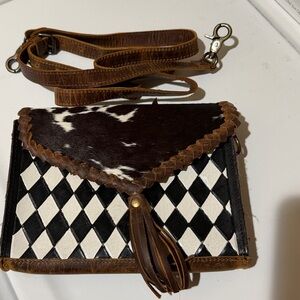Western Black and White Diamond Crossbody Bag with Brown Leather Trim